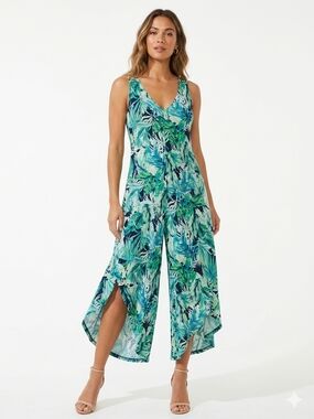 Ava & Grace XL Tropical Leaf Print Sleeveless Jumpsuit Navy Green Blue Stretch